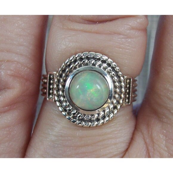 925 STERLING SILVER Genuine Round Ethiopian Opal Ring - Picture 12 of 14